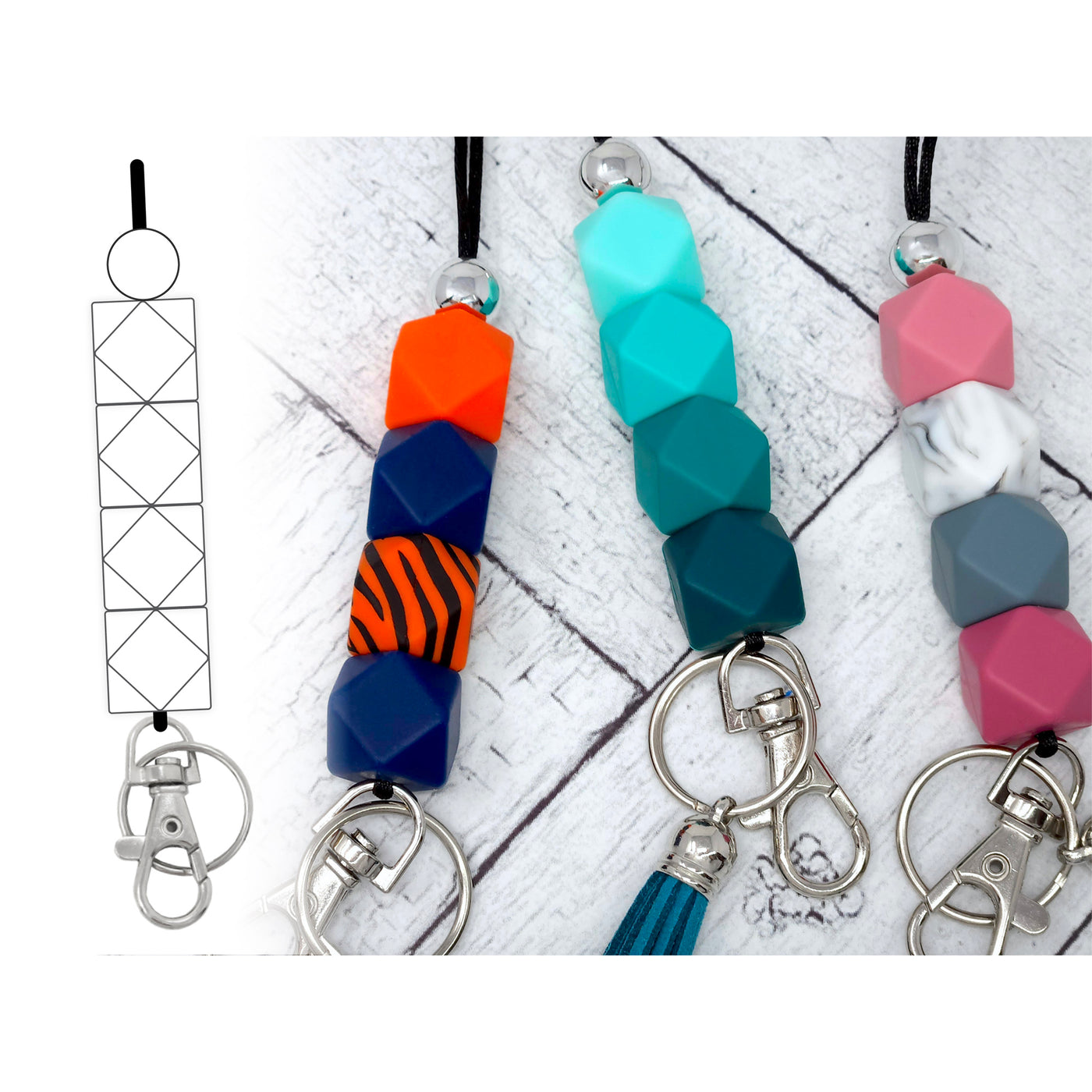 A collection of custom silicone lanyards in various colors, each featuring a geometric pattern and a tassel, displayed on a white background with a metal swivel lobster clasp and a split ring.