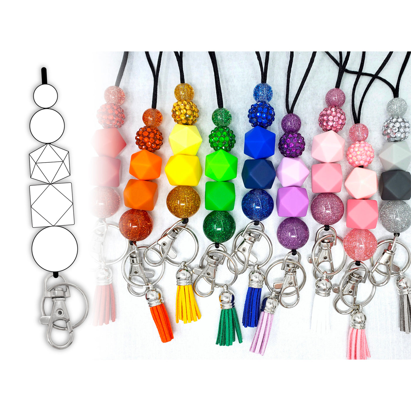 A variety of colorful silicone beads and a tassel, attached to a black satin nylon cord, with a metal swivel lobster clasp and a split ring.