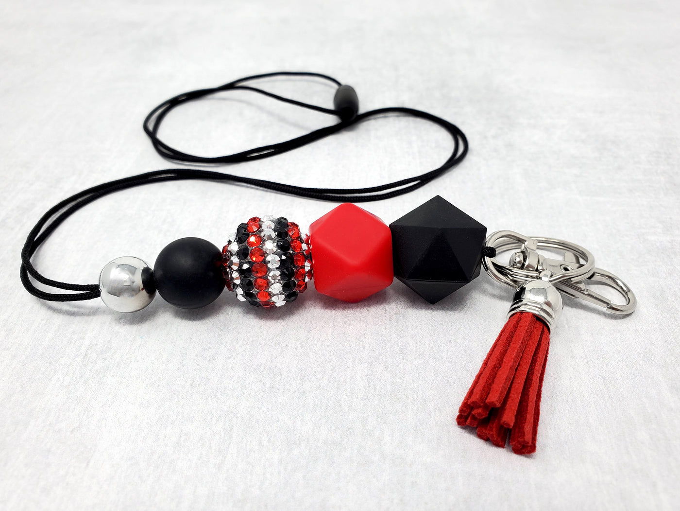 Black, Red, and Silver Silicone Lanyard