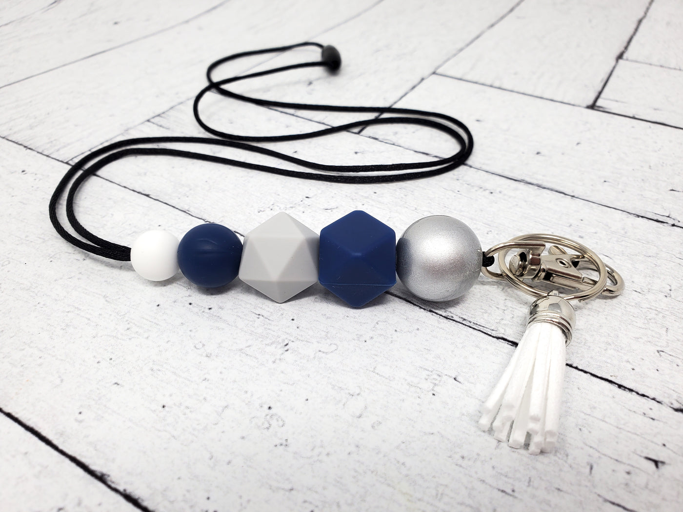 Navy, Silver, and White Silicone Lanyard